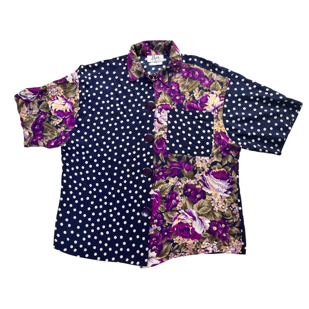 Vintage Byer California Mixed Print Button Up Top sz S Floral Polka Dot Rayon